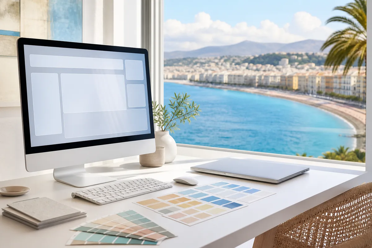Poste de travail face à la baie des Anges avec une maquette de site affichée à l’écran