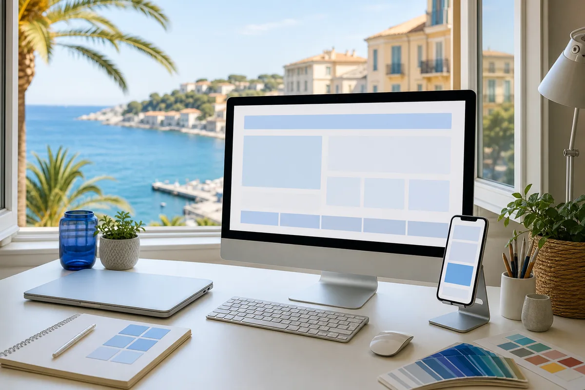 Poste de travail avec maquettes de pages web déclinées sur ordinateur et téléphone